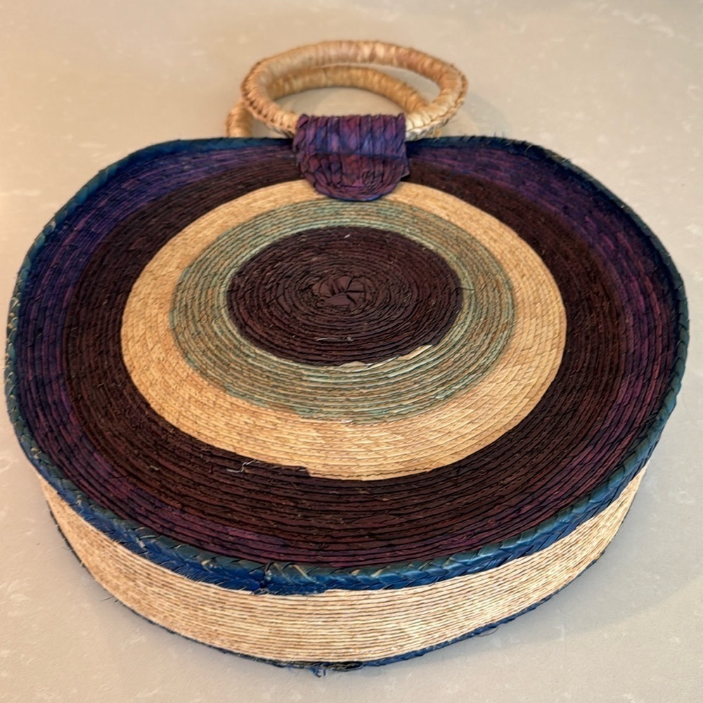 Vintage Round Natural Straw Blue & Purple Beachy Bag - Picture 6 of 14